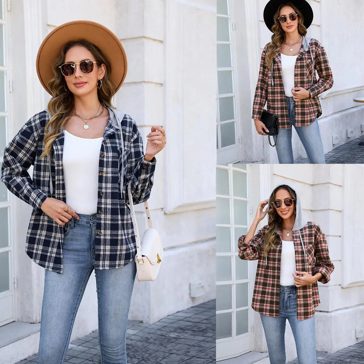 

Женская клетчатая удлиненная куртка-рубашка без рукавов с капюшоном, теплая зимняя одежда больших размеров, модная женская одежда, клетчатая толстовка с капюшоном