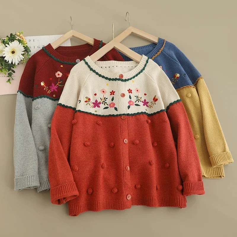 Spring Sweet Mori Girl Japan Style Floral Embroidered Sweater Cardigan Women O-neck Long Sleeve Single Breasted Knitted Sweater