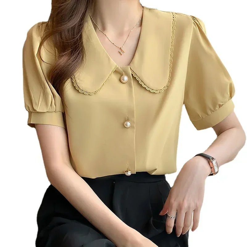 TPJB New Summer New Lace Doll Neck Chiffon Shirt Tops Puff Sleeve Loose Solid Color Blouse Simplicity Fashion Women Clothing