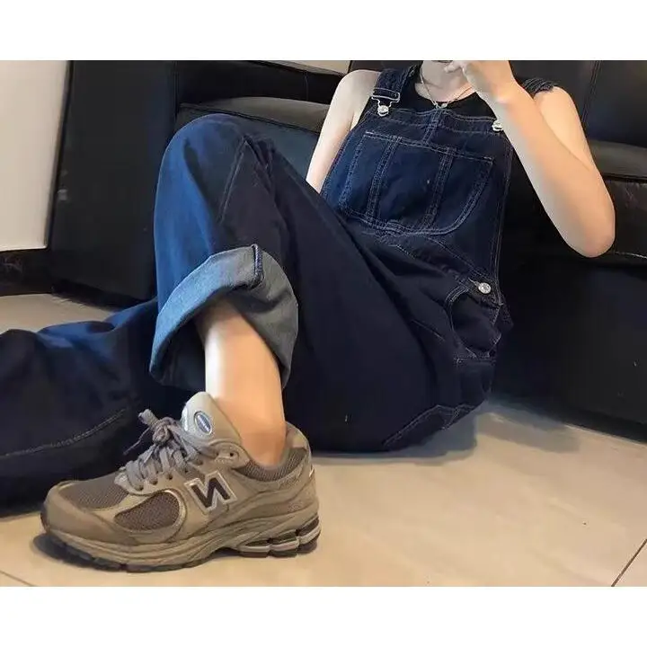 

Loose Fufu Denim Overalls Women's Fashionable Wide Leg Pants Natural Waist Lace Detail Cotton Polyester Blend Casual Wear