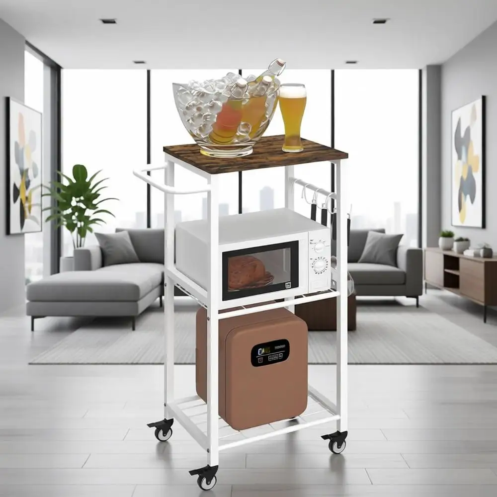 

3-Tier Rolling Kitchen Cart with Storage, 8 Hooks, White - Multi-Purpose Utility Organizer for Home
