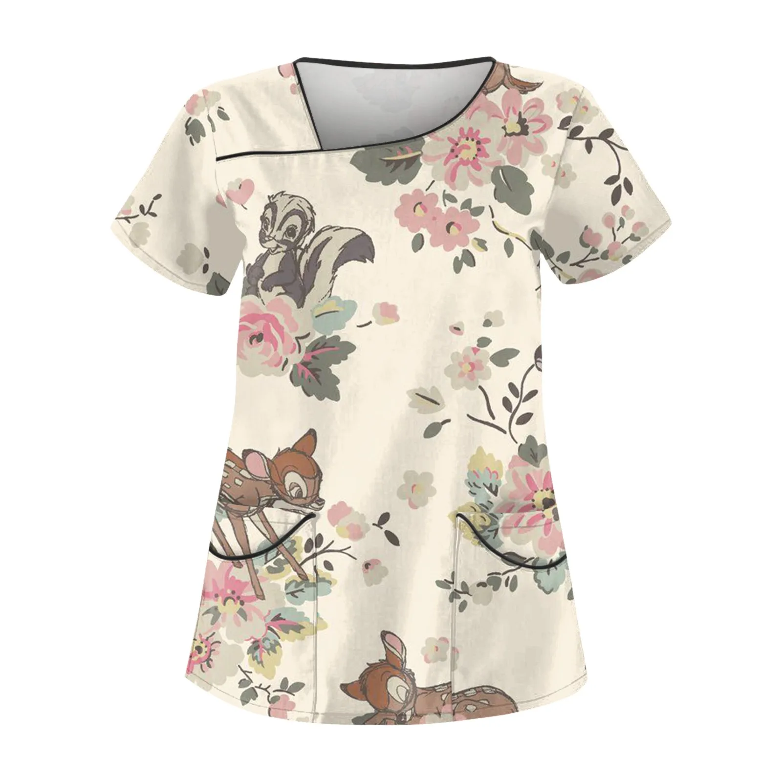 Slanted Collar Pocket Care Workwear T-Shirt Tops Clinic Working Clothing Short Sleeve Scrub Print Nurse Uniform for Lady