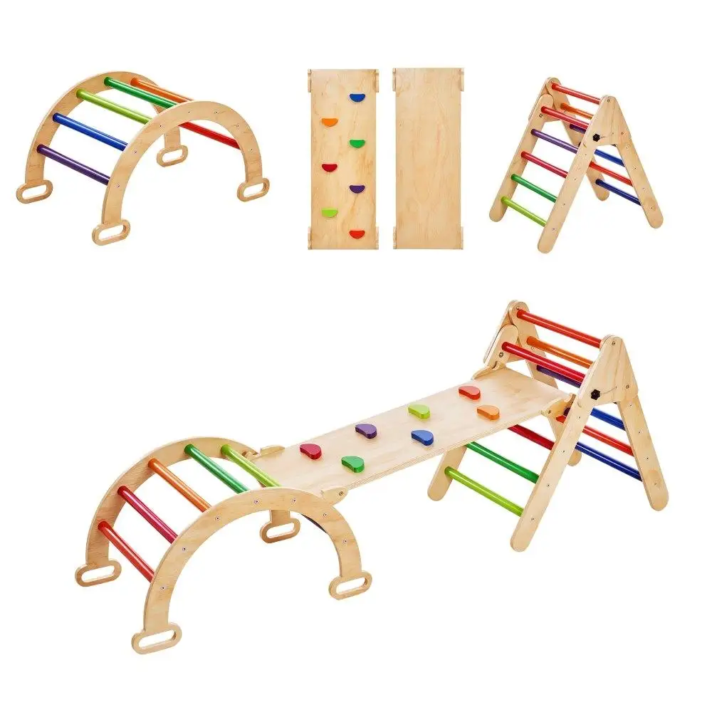 

Wooden Pikler Triangle Climbing Set 5 in 1 Toddler Indoor Playground Ramp Arch Montessori Gym for Kids 1 to 3 Years Colorful