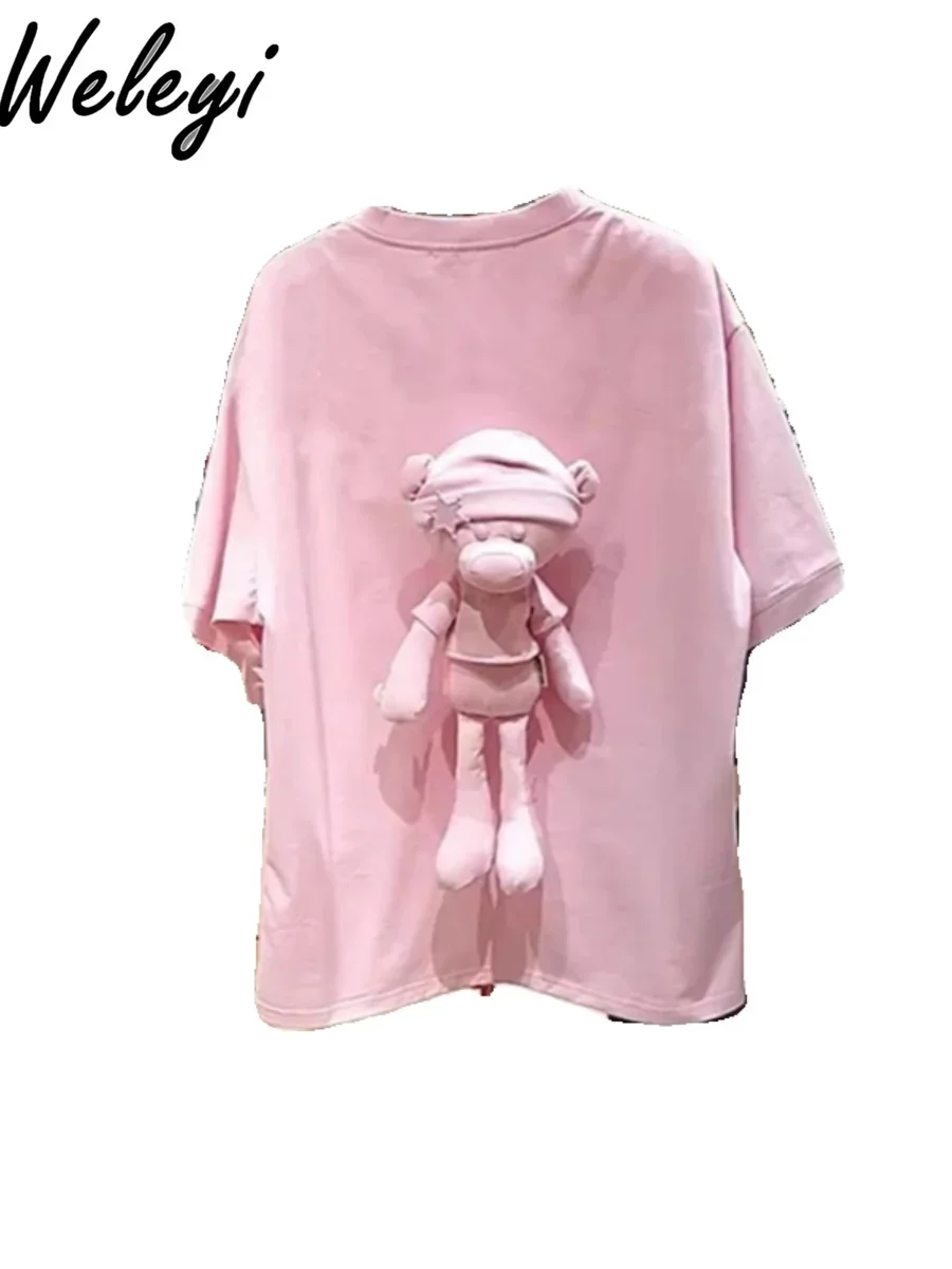 Loose Woman\'s Three-Dimensional Doll Bear Pink T-shirt 2024 Summer New Oversize Half Sleeve T-shirts for Women Mid-Length Top