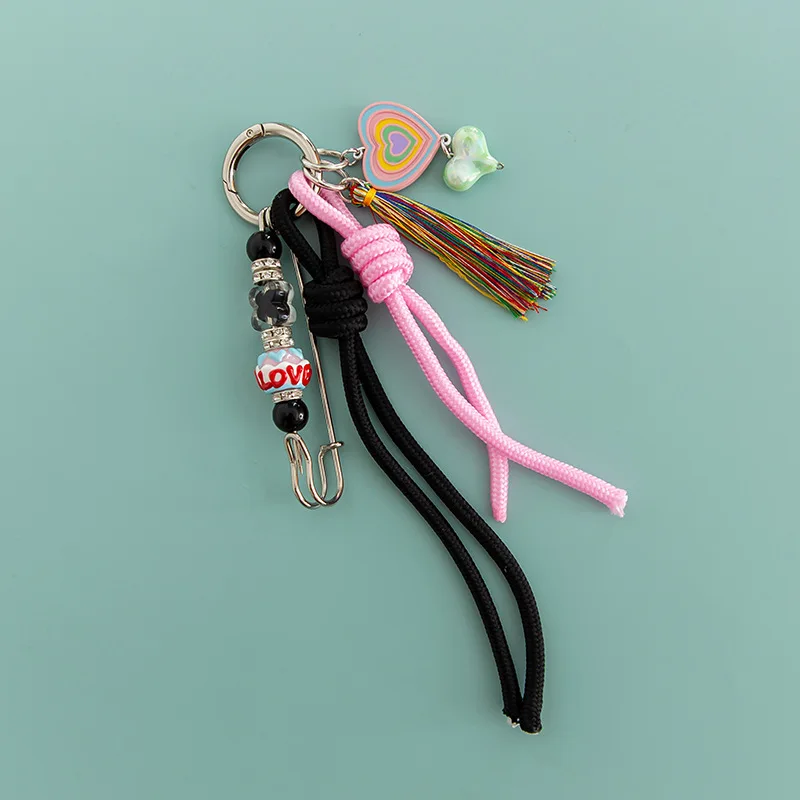 Y2K Woven Rope Keychain Bag Decoration Hanging Keychain Korean Style Acrylic Bead Heart Tassel Phone Case Bag Charms