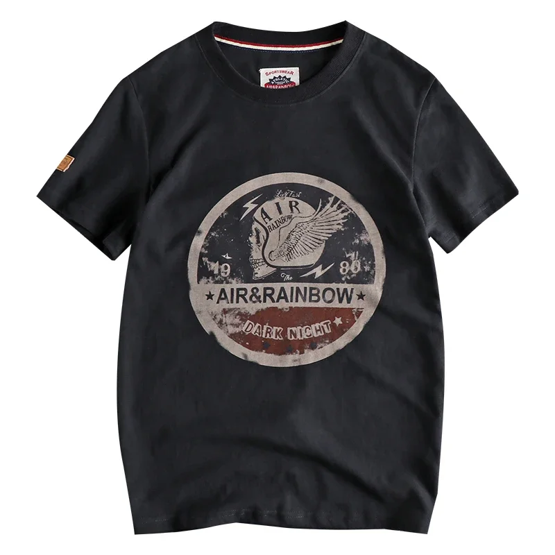 Camiseta masculina de manga curta estampada em caveira, 100% algodão, tops esportivos casuais lavados, simples com o pescoço em O, moda retrô americana, nova, verão