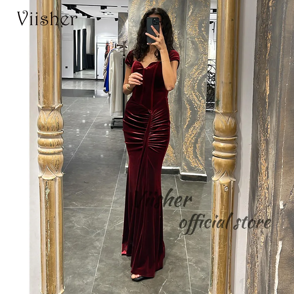 

Viisher Burgundy Velvet Mermaid Evening Dresses Cap Sleeve Pleats Tight Long Formal Prom Dress Floor Length Wedding Guest Gown