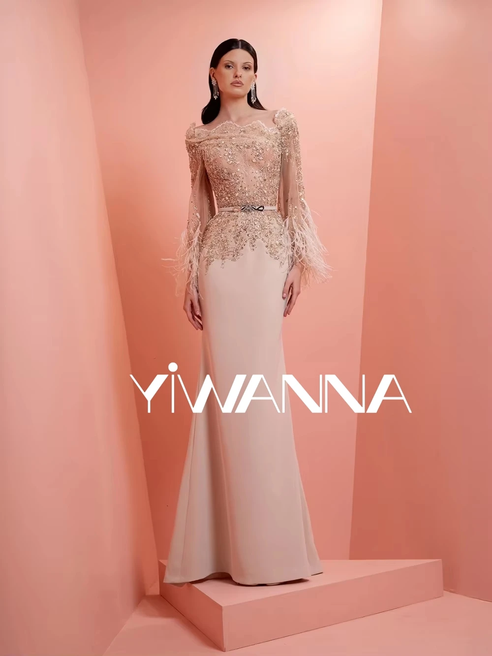 

Exquisite Beaded Feathers Long Sleeved Evening Dress Boat Neck Mother Of The Bride Dresses For Wedding Customzied Party Gown