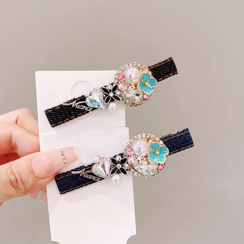 Retro Denim Cloth Hair Clips for Women Pearl Crystal Flower Elegant Temperament Hairpins Duckbill Clip Korean Hair Accessories