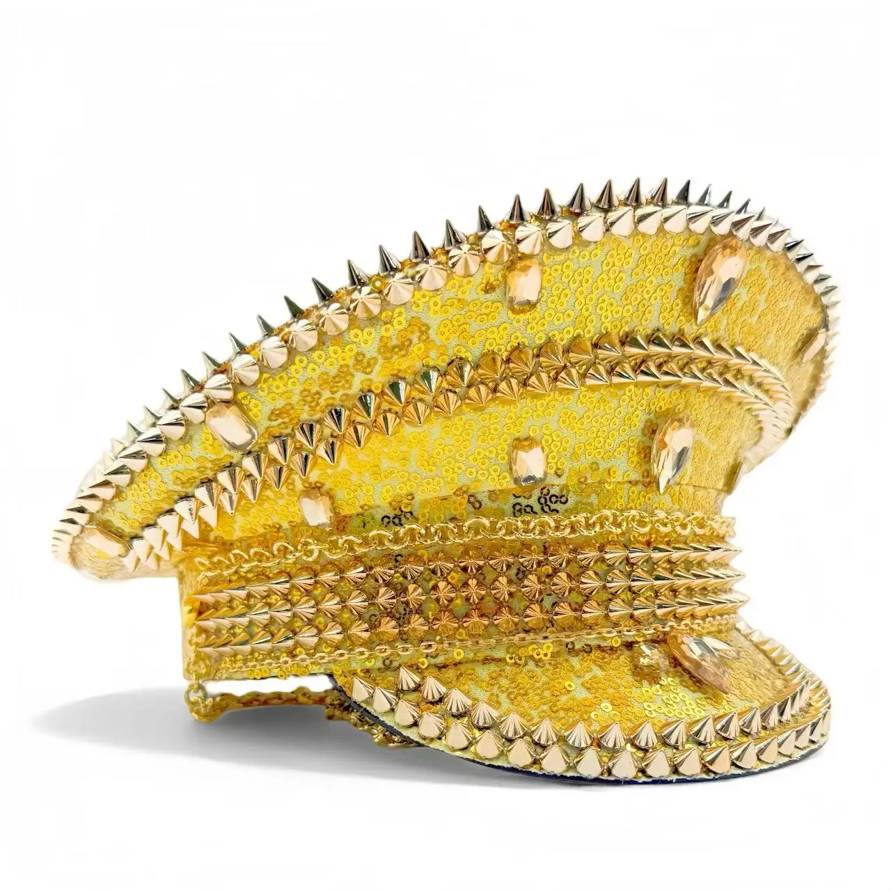 HongLuan Chapéu de capitão com laço de couro amarelo laser strass e bonés militares para mulheres, acessórios para festivais rave e boné de festa masculino