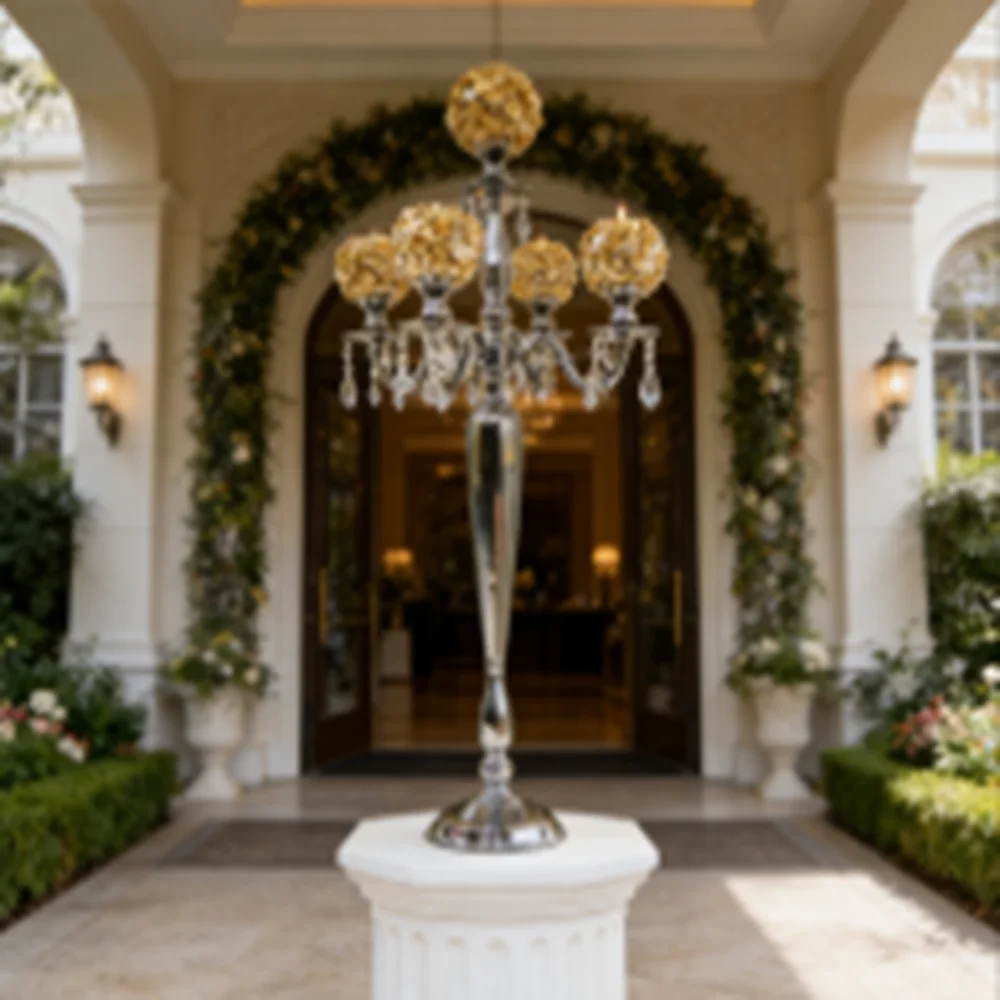 

100 см высота) металлические подставки, свечи, стол, золотые цветы, центральные детали, канделябры с цветочным рисунком для свадьбы, роскошный декор стола 121