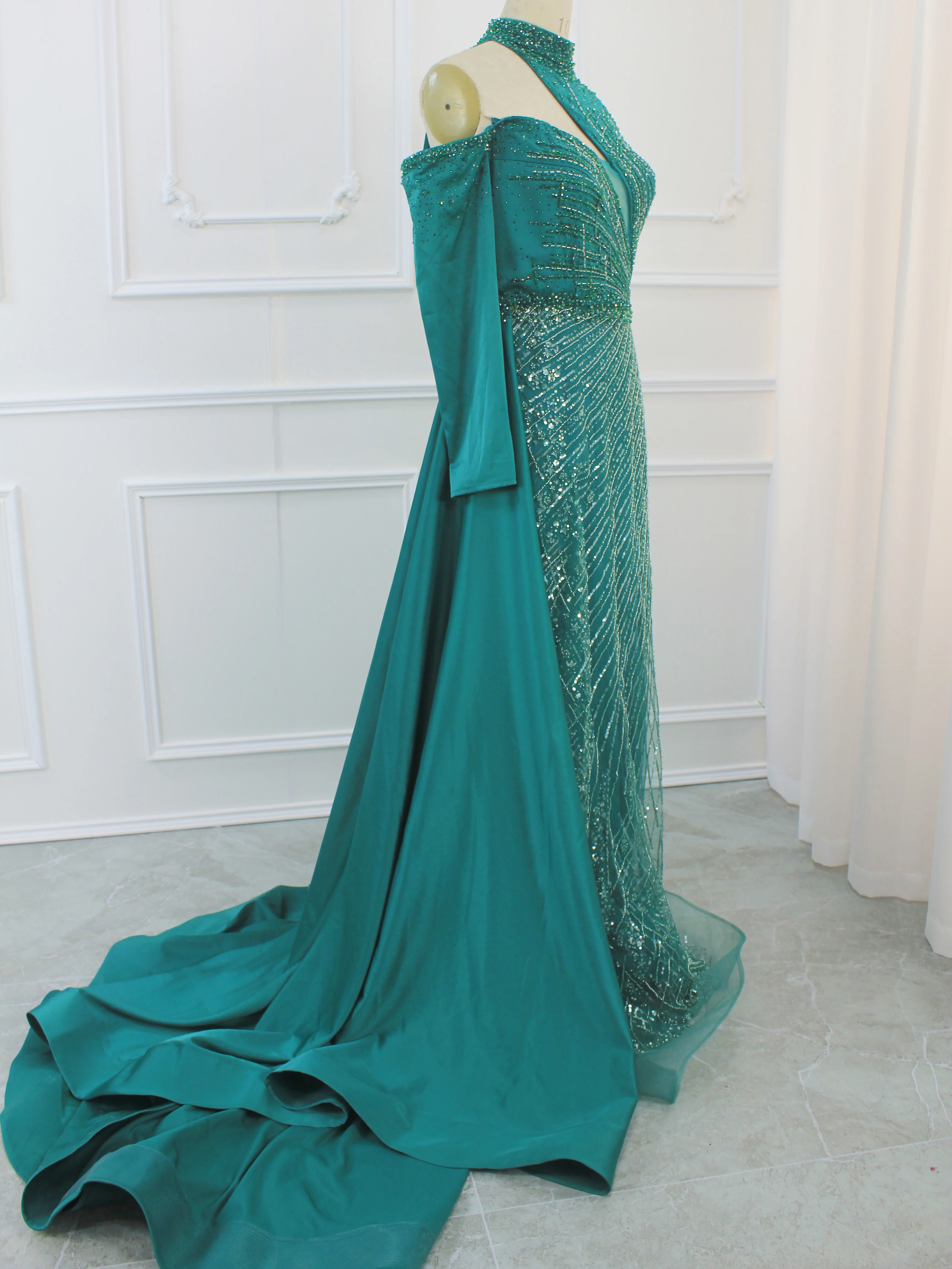 Hot Sale Green High-Neck Evening Dresses Luxury One Shoulder Beaded Long Train Formal Gowns 2024 For Women Party With Best Price