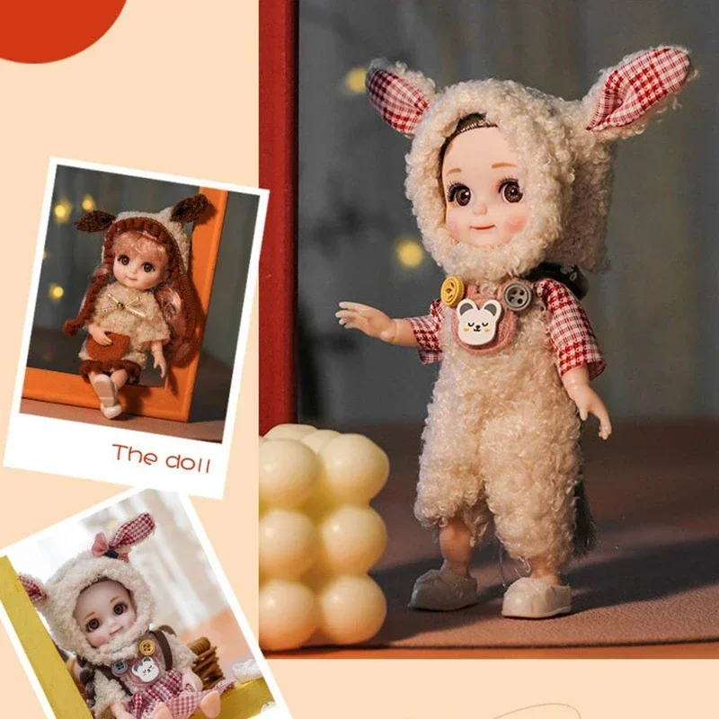 Bjd Doll 16CM 13 Movable Joints Cute Smile Face Shape and Bunny Ears Clothes Suit Toy Best Gift for Kids