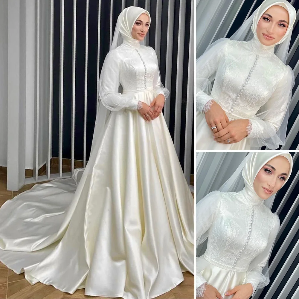 

Muslim Wedding Party Gowns Lace Puff Sleeves Button Long Wedding Dresses For Women A-Line Satin Sweep Train vestido de novia