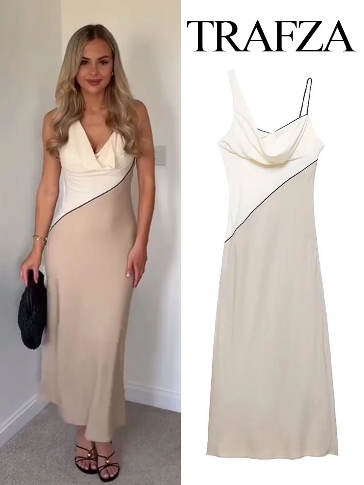 

TRAFZA Woman Chic V-Neck Side Zipper Spliced Dresses Summer Women Elegant Sexy Sleeveless Backless Sling Midi Dress Mujer