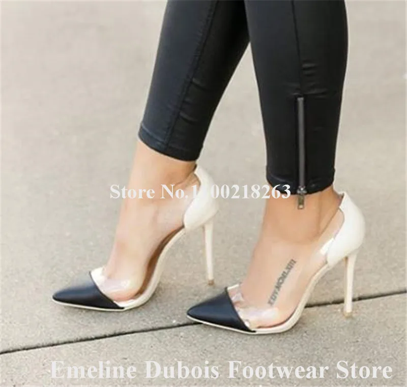 PVC Patchwork Pumps Emeline Dubois Designer Pointed Toe Clear Transparent Stiletto Heel Dress Shoes Slip-on Party Club Heels