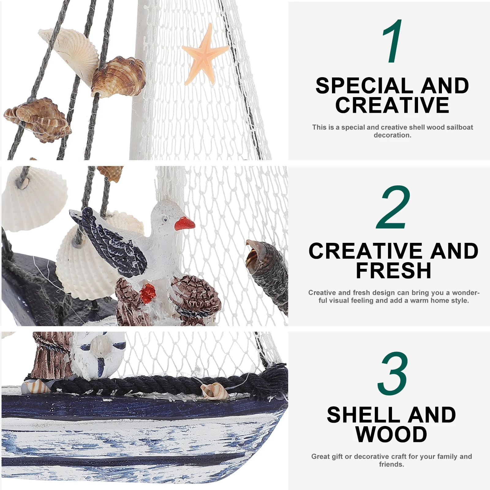 

1Pcs Shell Handicraft Mediterranean Style Wooden Sailing Boat Decoration Table Display Nautical Theme Ornament