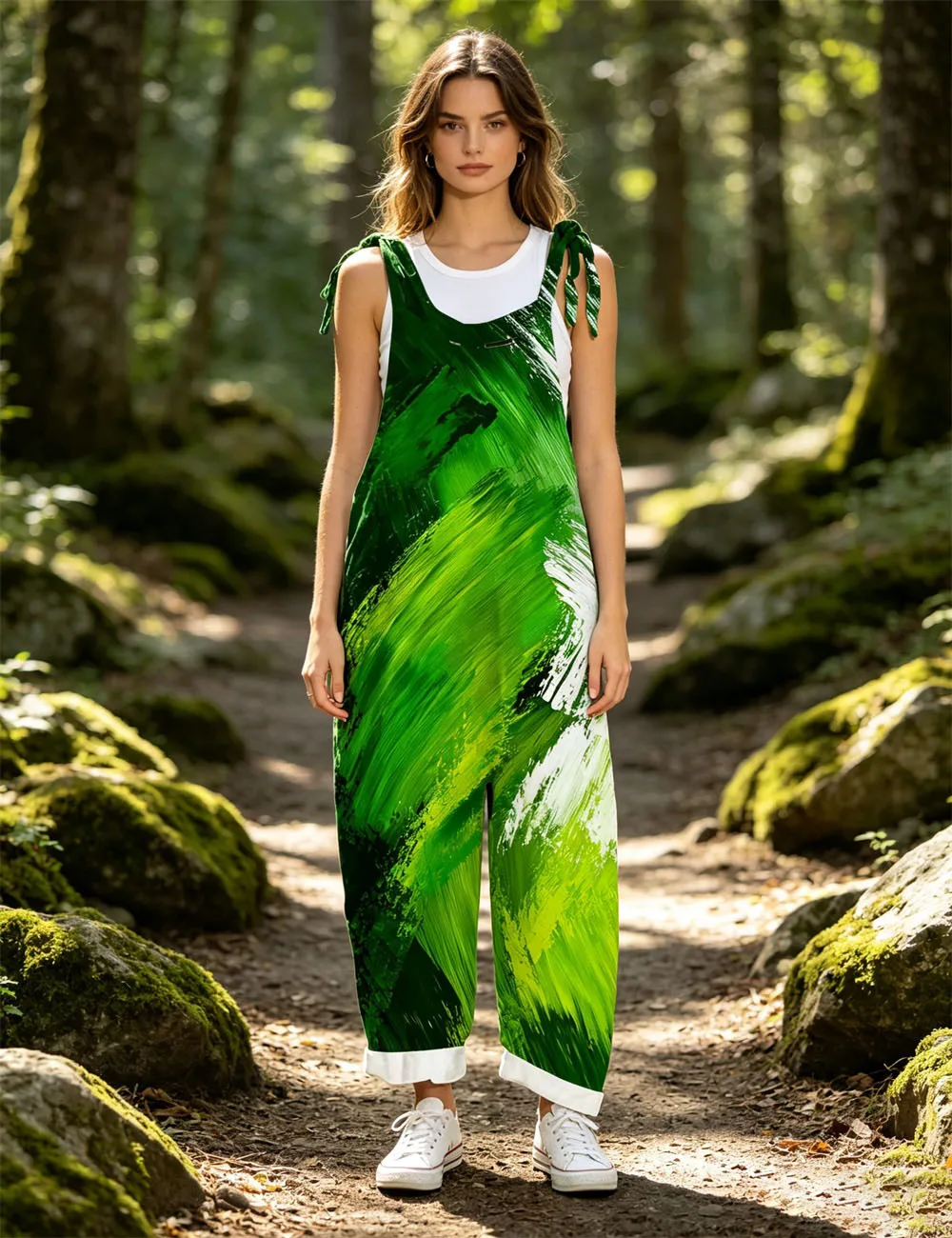 Women's new green hand-painted brush effect printed casual loose jumpsuit retro casual jumpsuit