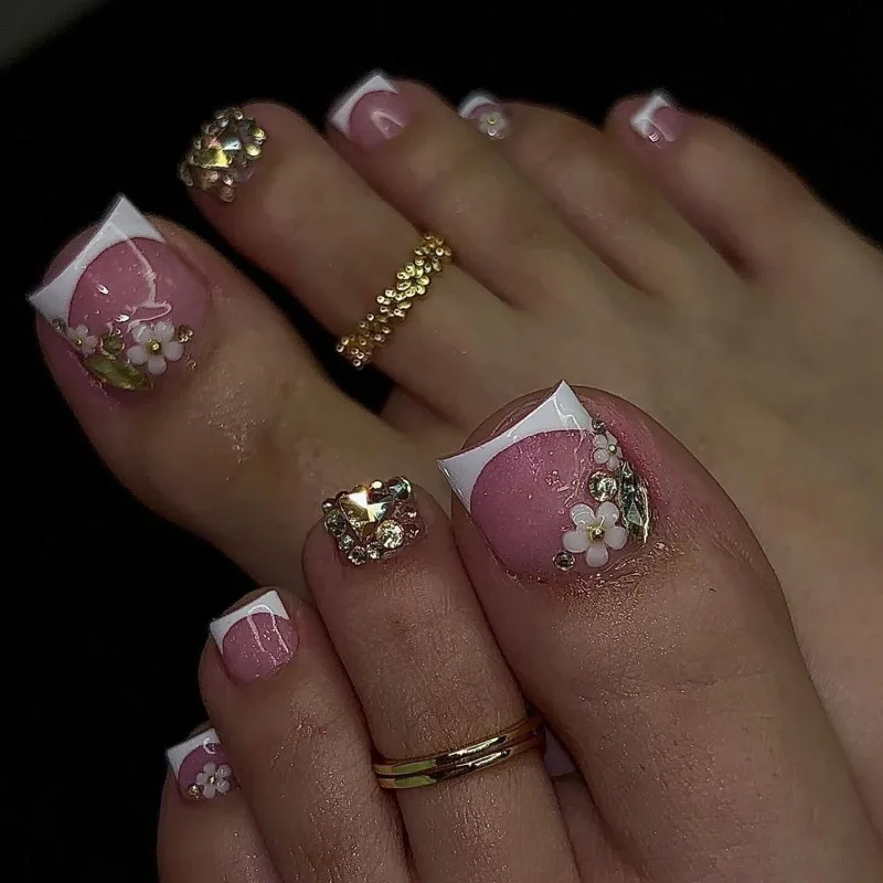 

24 Pcs Toenail Nude Pink French Fake Nails with Glue Rhinestone Summer Flower False Nails for Gluing Ready Press on Nails 2025