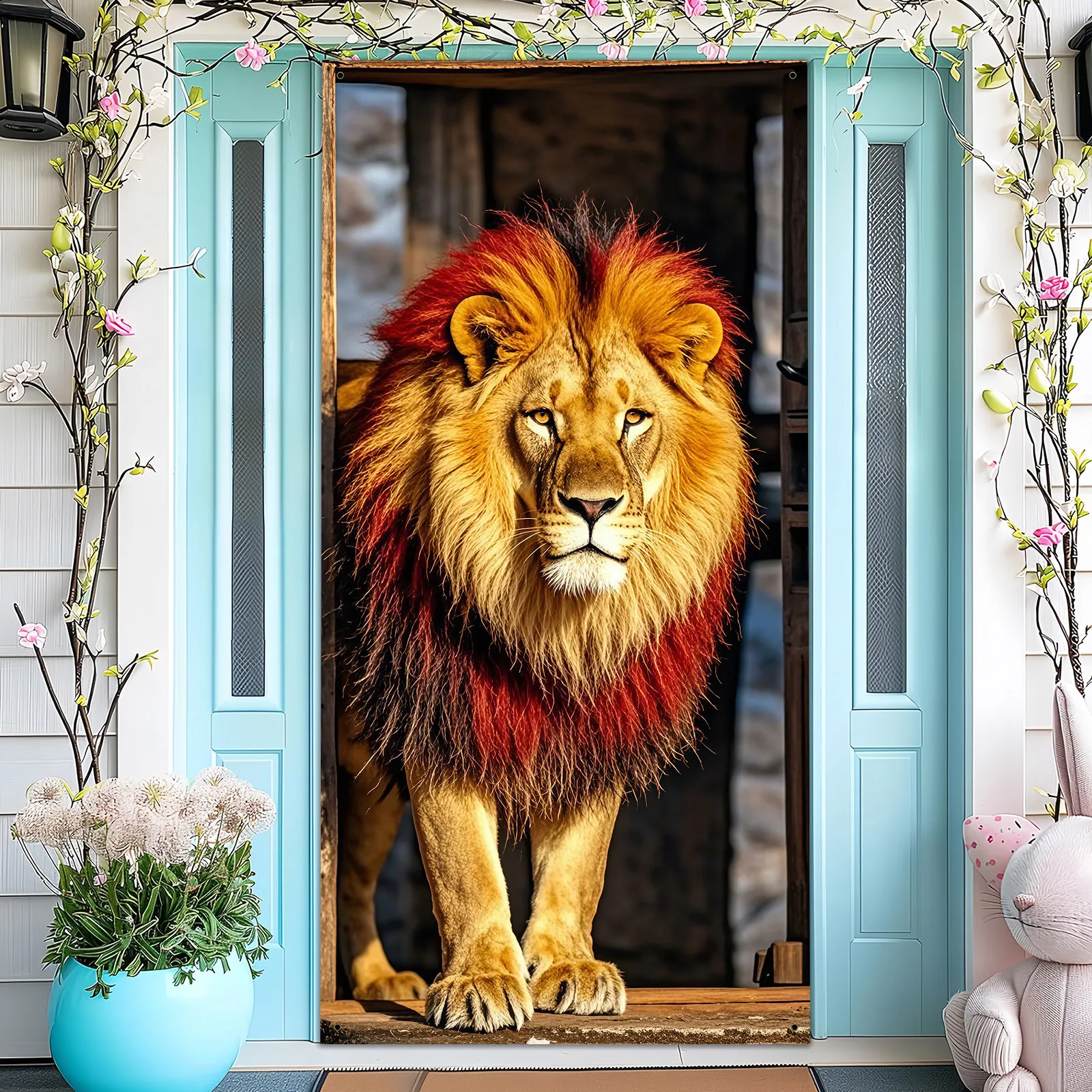 Lion Door Cover Animal Theme Polyester Door Banner Wall Hanging for Home Entrance Living Room Party Decor