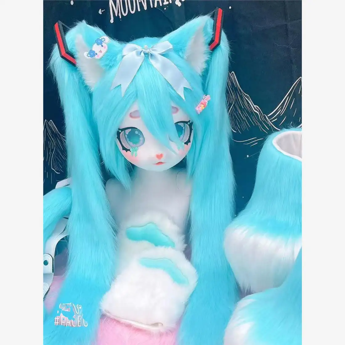 키즈 애니메이션 Fursuit Kigurumi 모피 코스프레 의상 파란 머리 머리 발 꼬리 신발 Comiket Furries 인형 Kig 마스크 5 ~ 18 세 선물