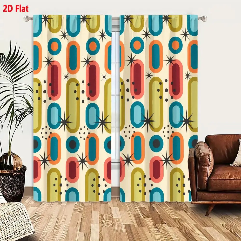 2Pcs Curtains 2D Flat Mid-Century Modern Retro Geometric Pattern Light Beige Background With Teal Orange Maroon Ovals Mustard Ol