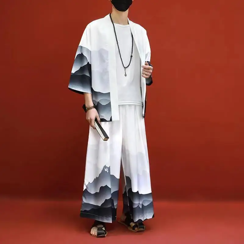 

Chinese Style Suit Men's Summer Thin And Loose Fitting Layman Suit Cardigan Taoist Robe Trendy Retro Tang Suit Hanfu Two-Piece