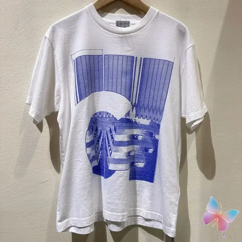 Men Women CAVEMPT Tshirts Blue Washed Wave Stripe Abstract Print Short Sleeve Casual Loose High Quality Cotton T-shirts