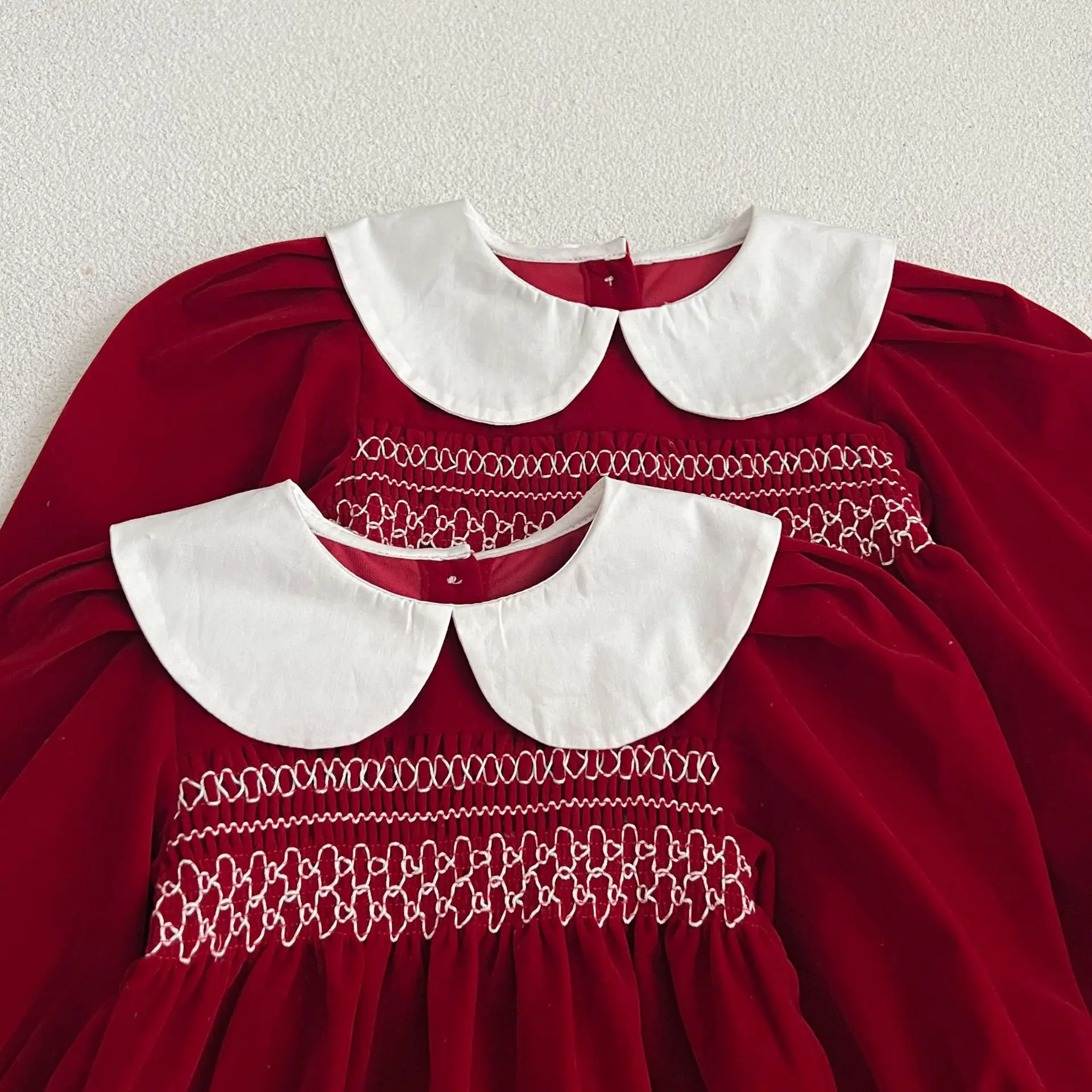 Infant Kinder Baby Mädchen Langarm Süße Einfarbig Schwestern Kleid Neugeborene Baby Mädchen Puppe Kragen Prinzessin Kleidung Strampler – Detail 13