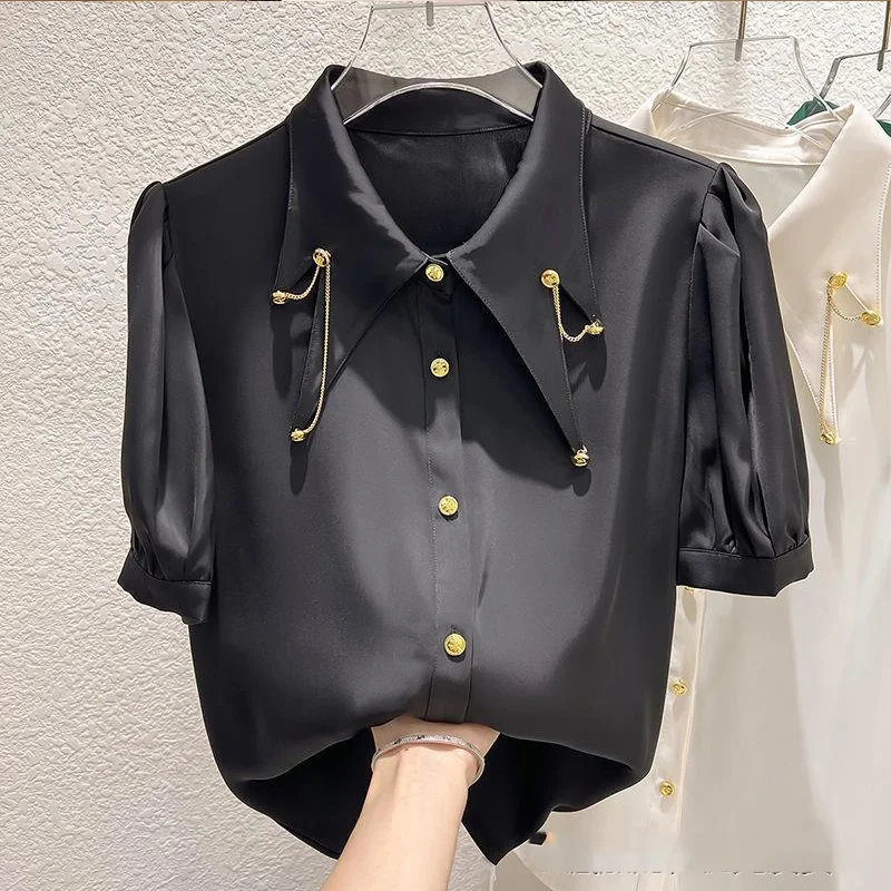 2023 New Summer Temperament Chain Solid Color Turn-down Collar Short Sleeve Blouse Women Clothing Simplicity Buttons Loose Tops