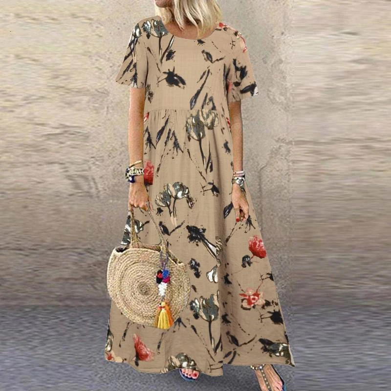 Vintage Floral Print Short Sleeve Round Neck Dress