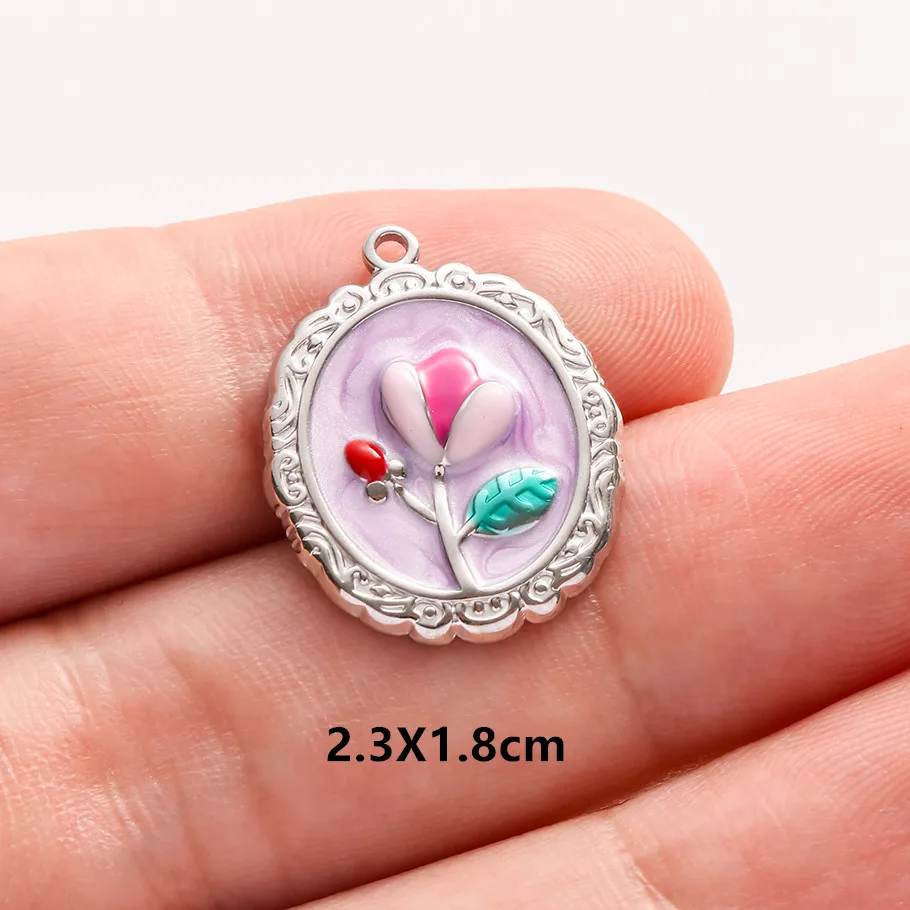 2 Stück Edelstahl-Anhänger mit blau-rosa Emaille, modischer Pflanzen-Charm, natürliche Perlenblumen-Anhänger für die Schmuckherstellung, Halsketten, Großhandel – Detail 15