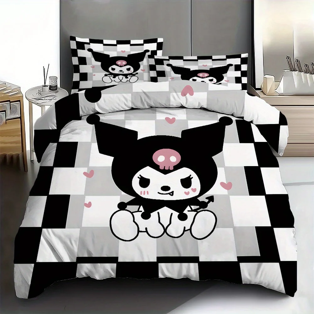 Kuromi Duvet Cover Bedding Set Soft Comfortable Black White Checkered 1 Duvet Cover 2 Pillowcases for Bedroom Kids Teens