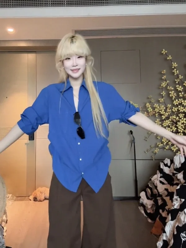 

Свободный повседневный женский универсальный удобный хлопковый топ с синим воротником ранней осени для поездок на работу Faion, новинка 202, Sle