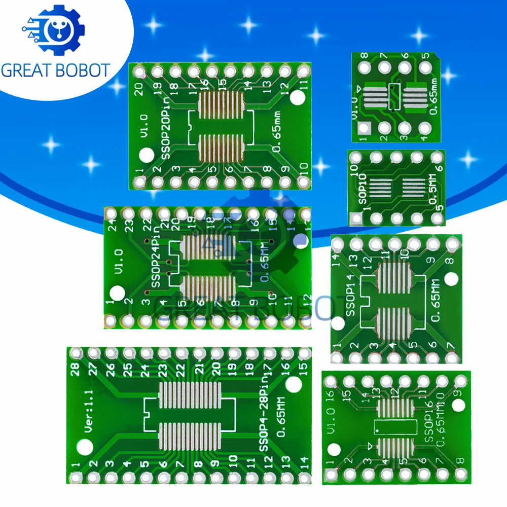 Image of 10 Stück SMD-zu-DIP-Konverter-PCB-Kit: Universal-Adapter für SOP/MSOP/SSOP/TSSOP/SOT23 (8/10/14/16/20/28 Pin)
