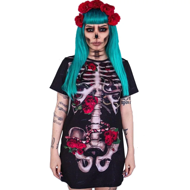 Women Cosplay Horrible Ghost Bride Sexy Skeleton Dresses Costumes Ladies Halloween Carnival Masquerade Scary Tights Print Outfit