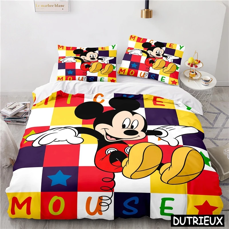 Precioso Juego de Funda Nórdica y Fundas de Almohada de Mickey y Minnie Mouse, Tamaños Twin, Full, Queen, King, Juego de Ropa de Cama Suave, Cubrecama