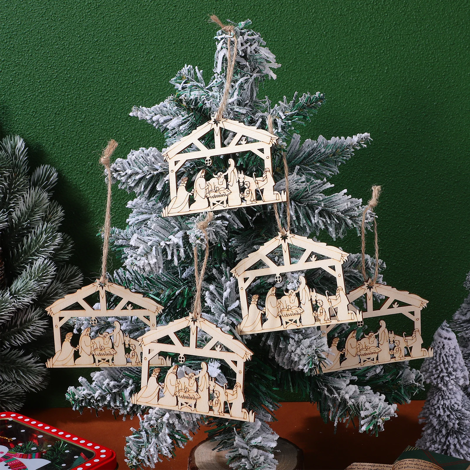 

20Pcs Wood Nativity Ornaments Craft Set 3D Christmas Hanging Decor for Religious Tree Window Door Home Office Festival