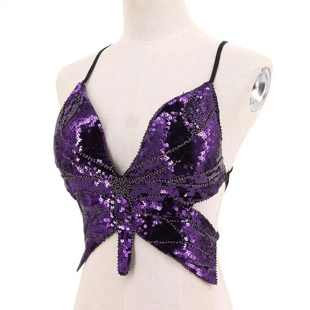 2025 Design ethnique soutien-gorge haut femmes soutien-gorge à paillettes paillettes papillon haut licou pour discothèque danse Cosplay soutien-gorge brillant avec bretelles arrière