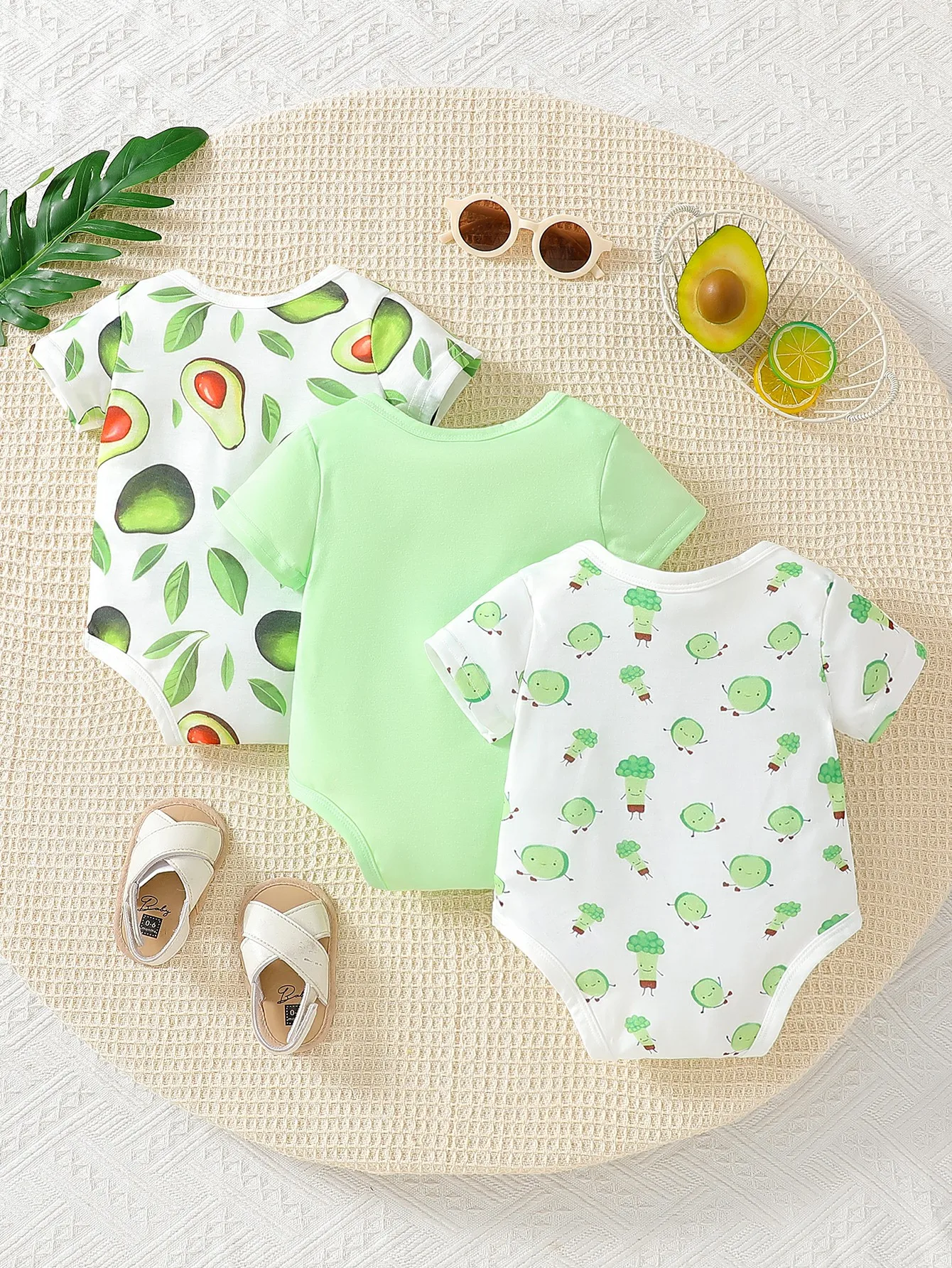 2025 Summer New Infant Girl’s Fruit Print Solid Color One-Piece Outfit, Casual and Versatile Three-Piece Set