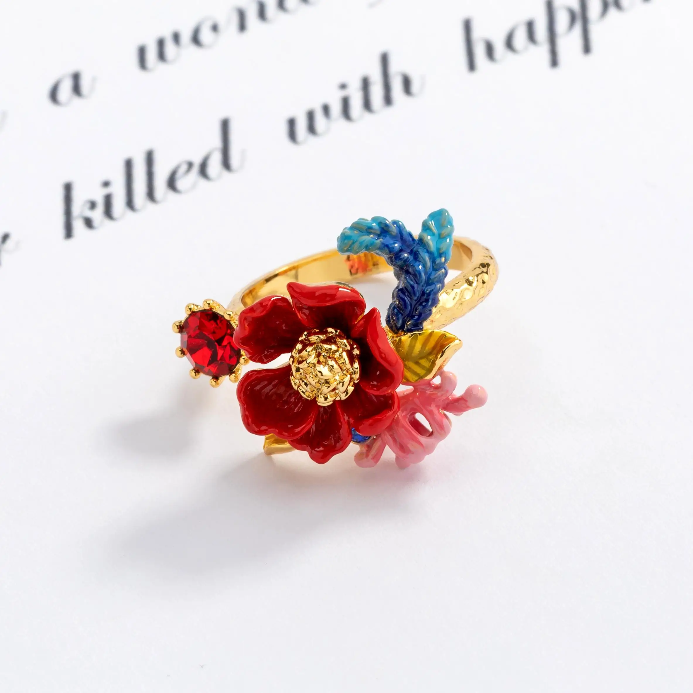 

Juicy Grape Vintage Romantic Red Kapok Flower Enamel Ring Gold Plated 3D Floral Crystal Jewelry for Women 2026 New