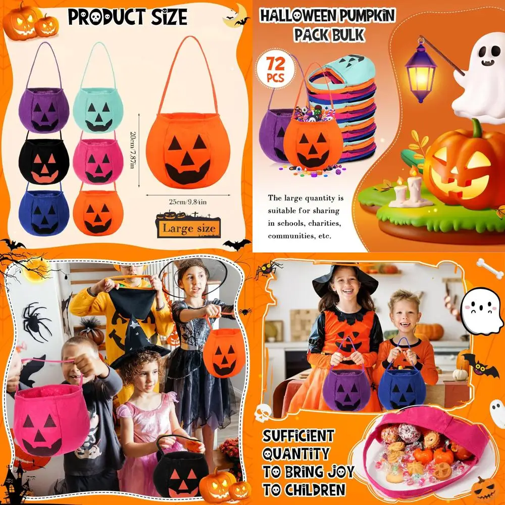 

Multicolored Large Halloween Pumpkin Candy Bags - 72 Pack Non-Woven Treat Totes for Party Favors and Costume Gifts