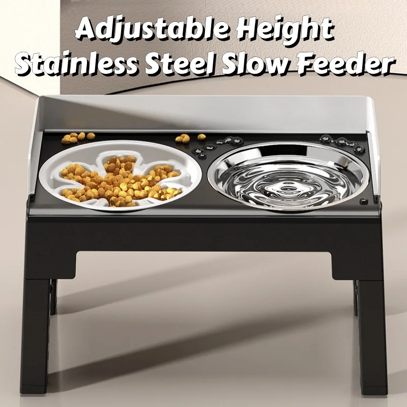 

Регулируемая кормушка для собак с защитой от брызг, двойные миски для медленной подачи из нержавеющей стали с поддержкой шеи и складной основой