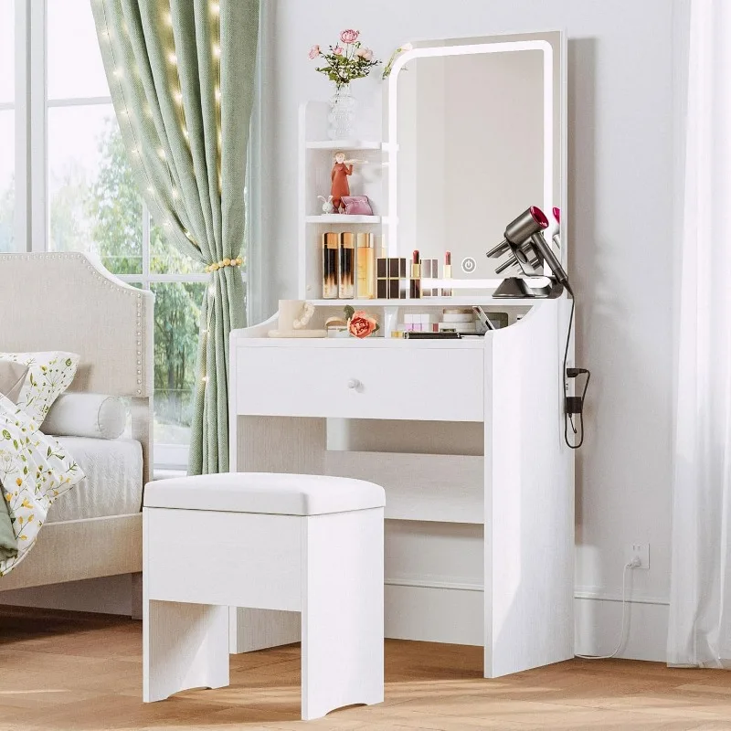 

Small Makeup Vanity Desk with Mirror and Lights, Vanity Table Set with Storage Drawer, Chair and Three Shelves, Bedroom, White