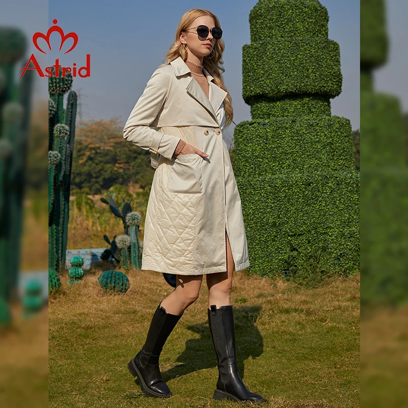 Astrid Spring Women\'s Trench Coat Fashion Stitching Jacket Long Turn Down Collar Belt Warm Thin Parkas Beige Overcoat ZM-20087