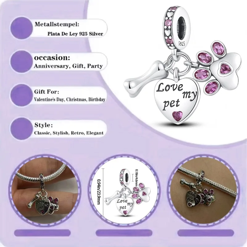 

925 Silver Dream Catcher Cute Claw Bone Three Piece Set Suitable for Original Bracelets, Necklaces, Women's DIY Jewelry