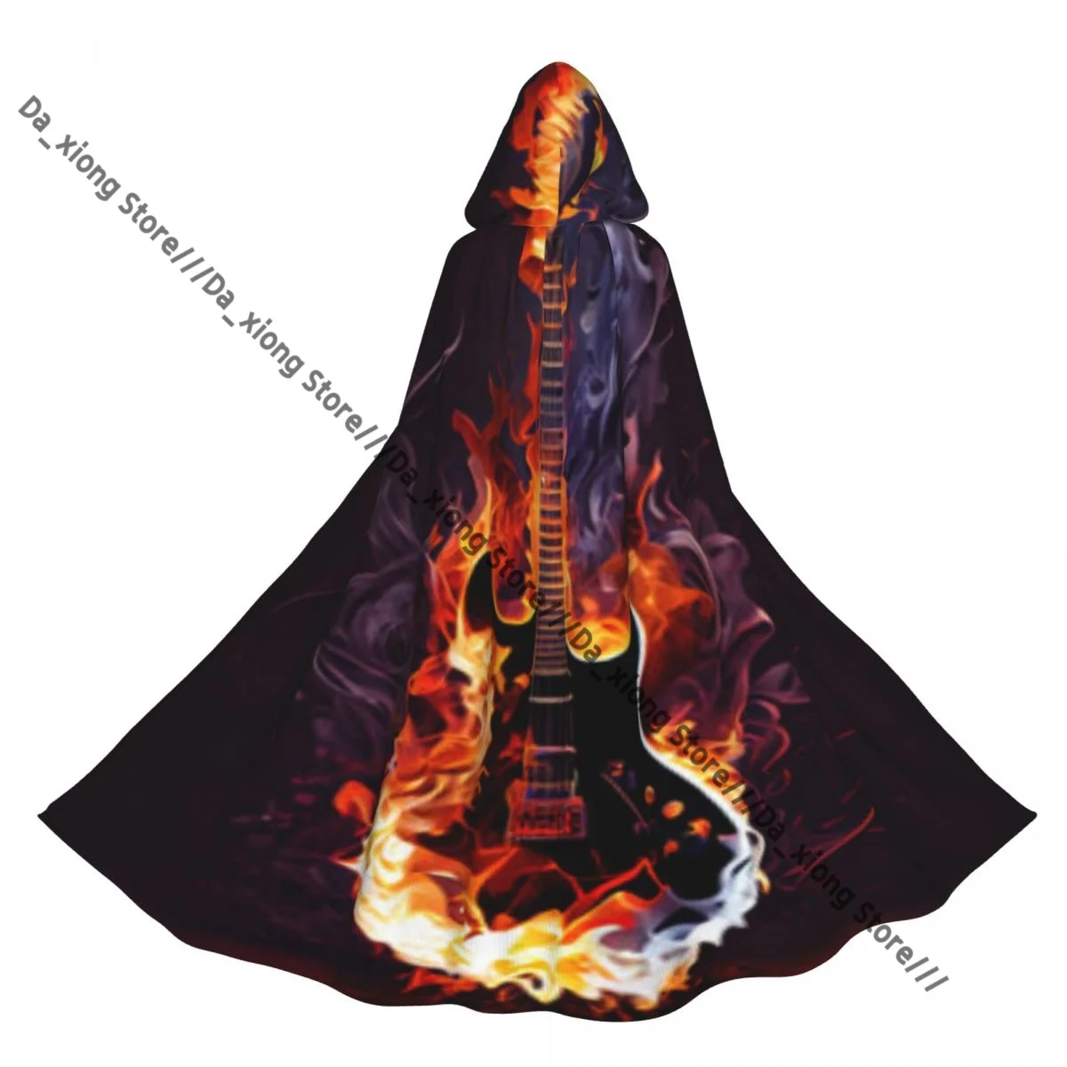 

Electric Guitar On Fire Bursts Witch Cloak Hooded Cosplay Costume Halloween Adult Long Party Cape