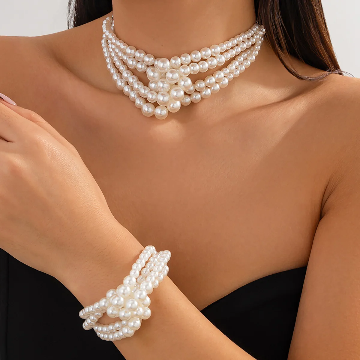 Choker Layered Faux Pearl Beaded Knot Multi Strand with Sturdy Adjustable Clasp for Women Party Night Out Versatile