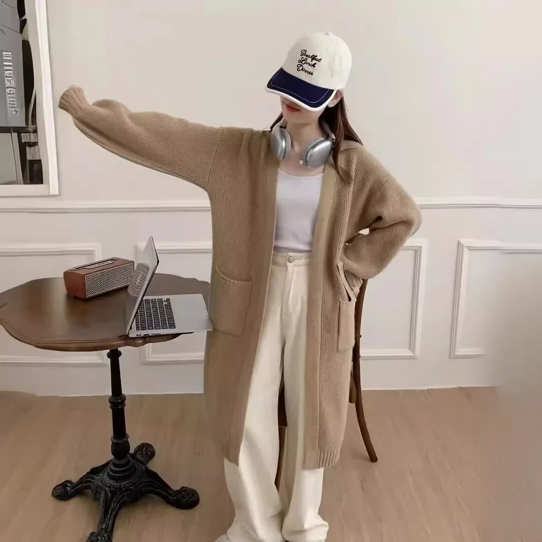 

Solid Sweaters Casual Thick Pockets Office Lady Straight Knit Cardigan Women Long Coat Full Sleeve Coats V Neck Open Stitch