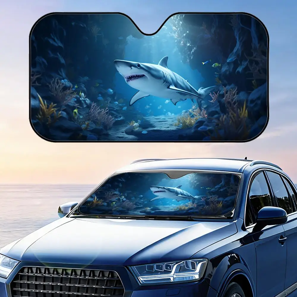 

Солнцезащитный козырек Ocean Shark, многоразовый, из алюминиевой фольги, с защитой от ультрафиолета, трехслойная теплоизоляция, солнцезащитные шторки для лобового стекла